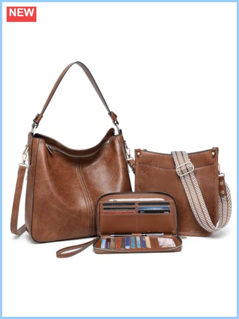 3PCS Vegan Leather Crossbody Bag Set Large Hobo Shoulder Purse & Wallet